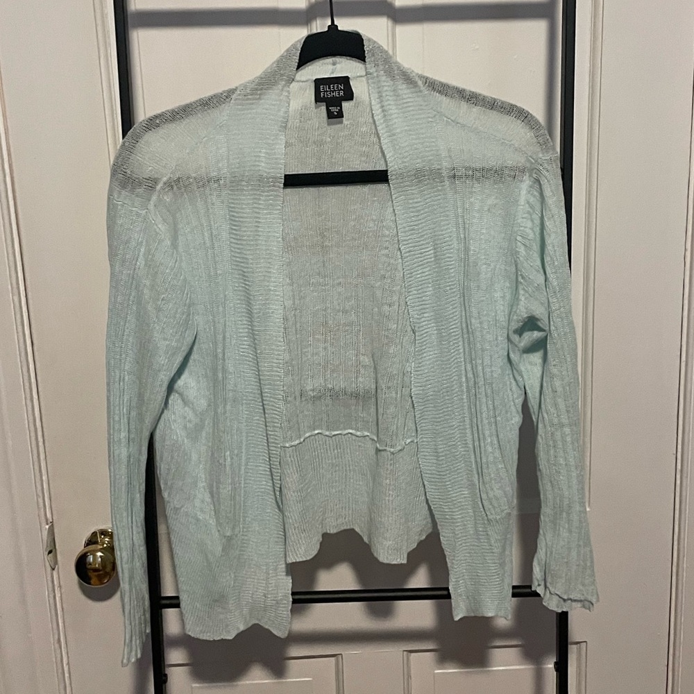 Eileen Fisher Seafoam light sage green open light linen cardigan VGUC